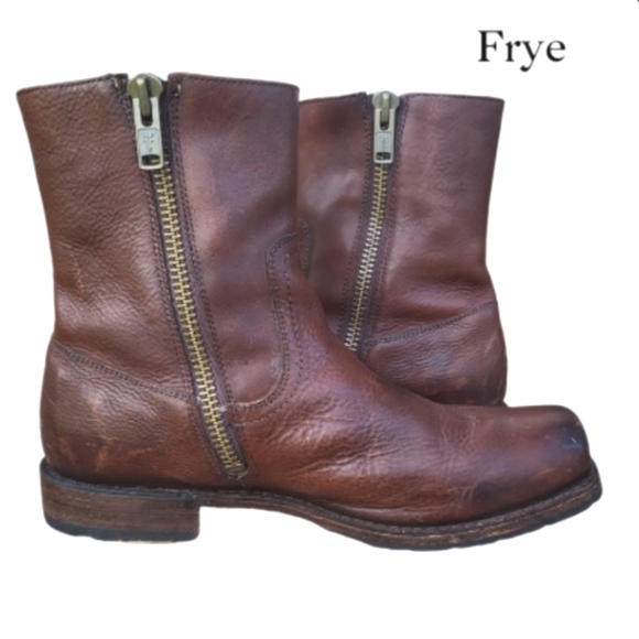 FRYE Square Toe Biker Heath Burnish Brown Leather Zip Short Calf Boot Men 10.5 - Picture 9 of 16